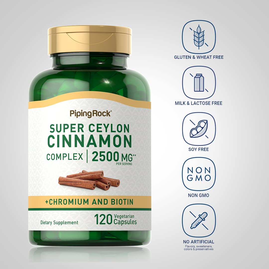 Piping Rock Ceylon Cinnamon Capsules | 120 Pills | Complex Supplement with Chromium and Biotin | Vegetarian, Non-GMO, Gluten Free - Maple Wellness Supplements