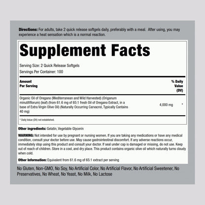 Piping Rock Oregano Oil Softgel Capsules | 200 Pills | Herbal Extract Supplement | Wild Harvested | Non-GMO, Gluten Free - Maple Wellness Supplements
