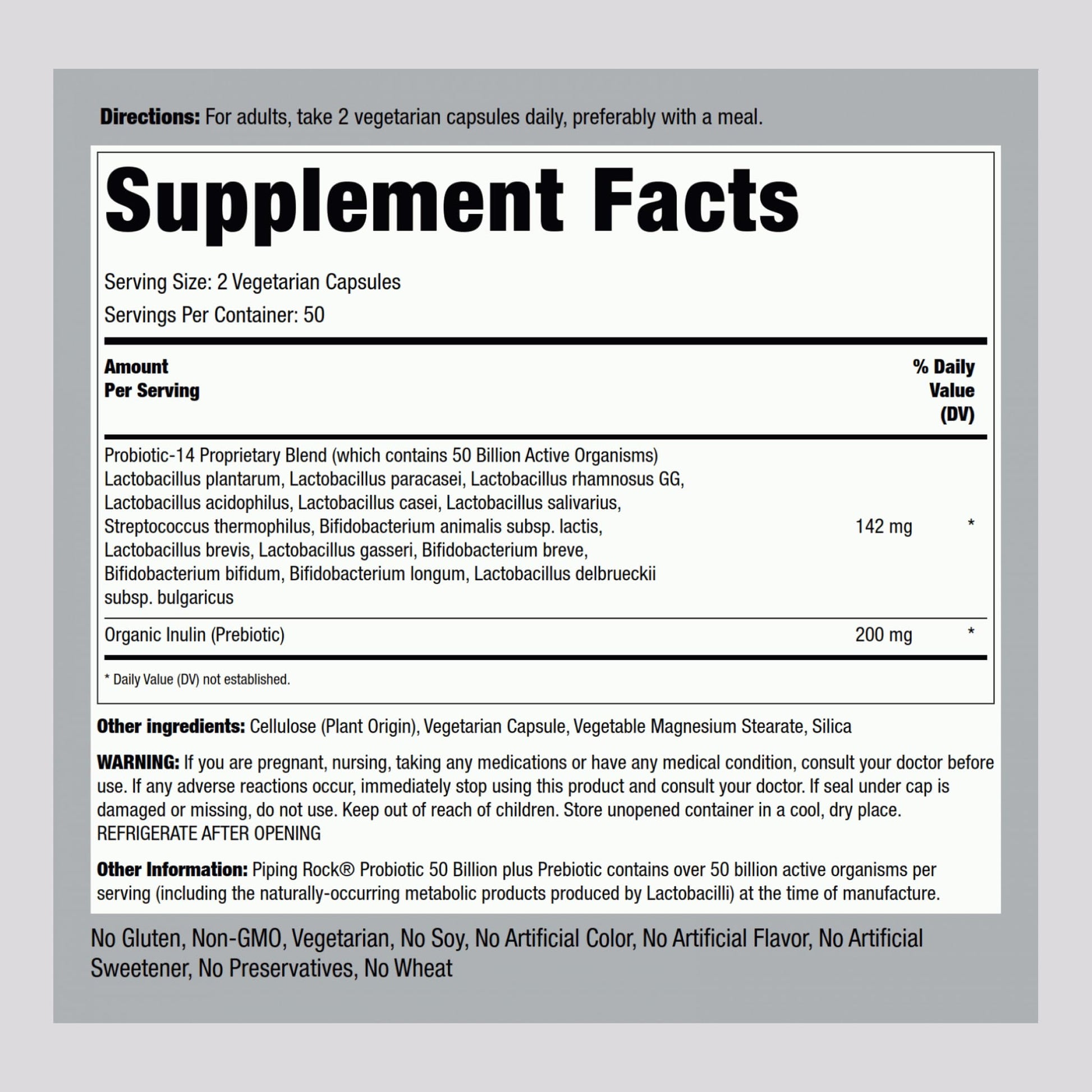 Piping Rock Probiotic and Prebiotic for Women and Men | 50 Billion CFU | 100 Capsules | Ultimate 14 Strain Supplement | Vegetarian, Non-GMO, Gluten Free - Maple Wellness Supplements