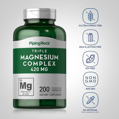 Piping Rock Triple Magnesium Complex | 420 mg | 200 Capsules | Magnesium Oxide, Citrate, and Aspartate Supplement | Non-GMO, Gluten Free - Maple Wellness Supplements