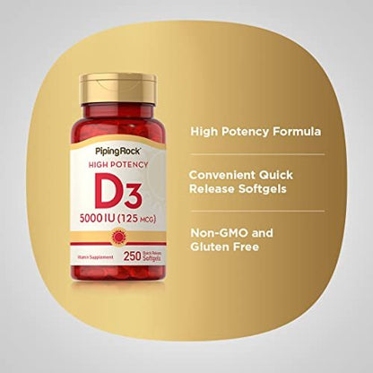 Piping Rock Vitamin D3 5000 IU | 250 Softgels | High Potency Supplement | Non-GMO - Maple Wellness Supplements