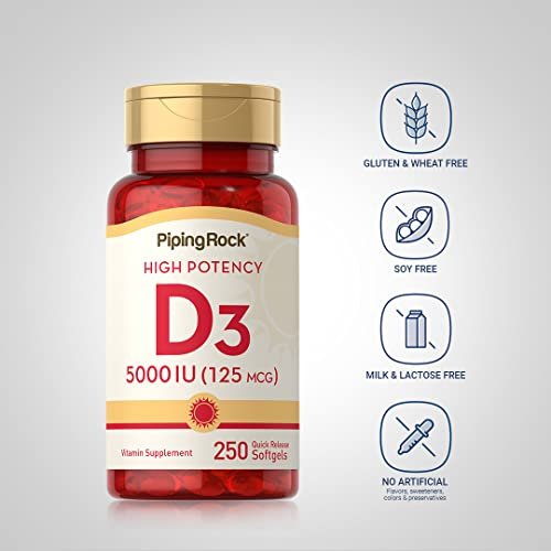 Piping Rock Vitamin D3 5000 IU | 250 Softgels | High Potency Supplement | Non-GMO - Maple Wellness Supplements