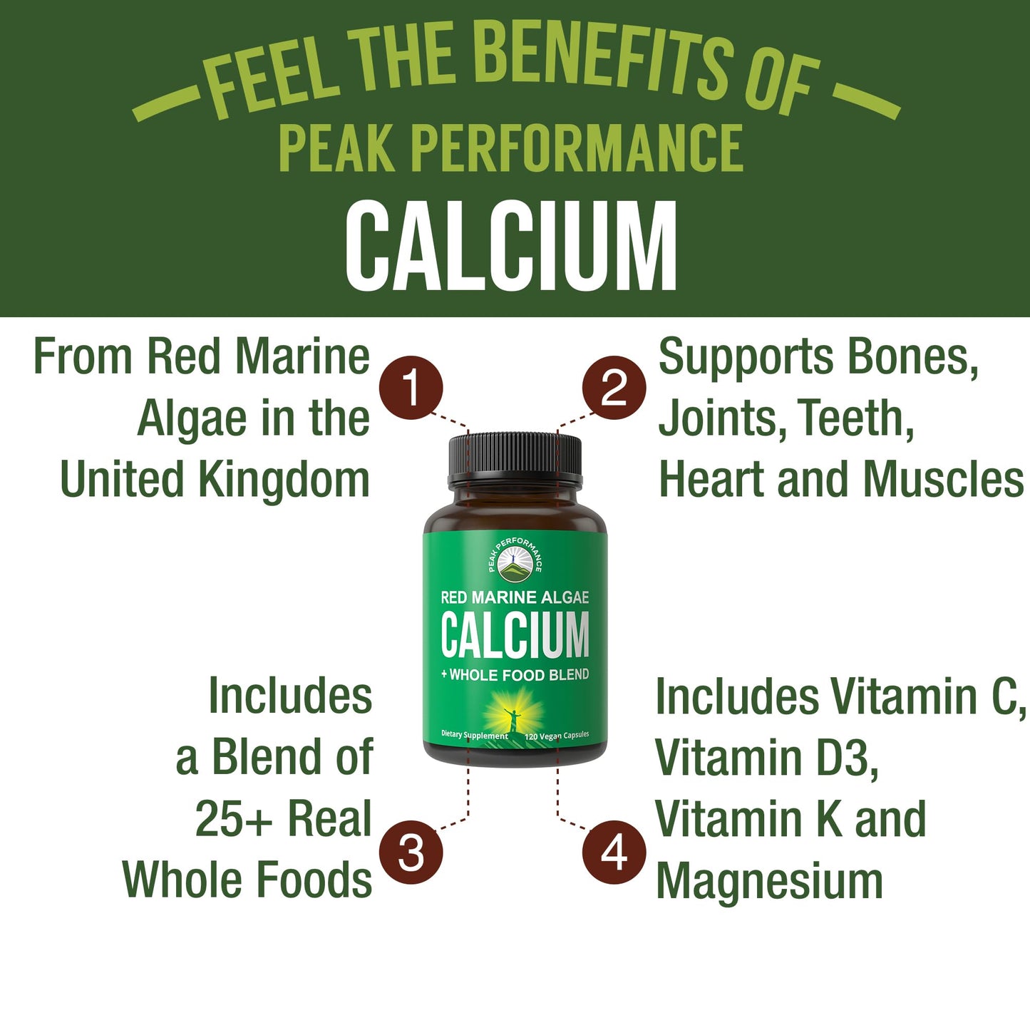 Plant Based Calcium - Red Marine Algae Calcium Supplement with Vitamin C, D3, K, Magnesium, and Whole Food Vegetable Blend. Vegan Capsules for Bones and Joints. 120 Pills, Tablets - Maple Wellness Supplements