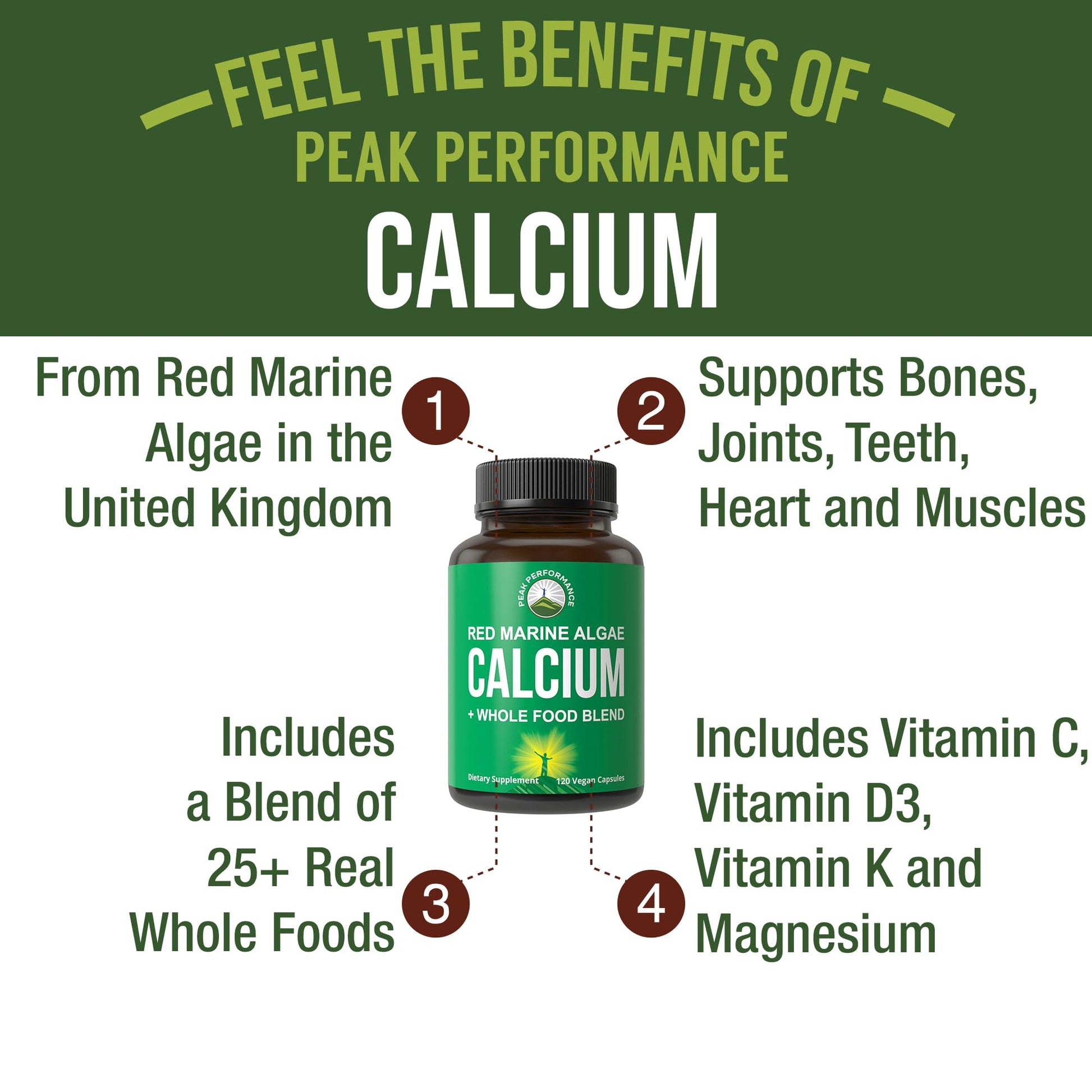 Plant Based Calcium - Red Marine Algae Calcium Supplement with Vitamin C, D3, K, Magnesium, and Whole Food Vegetable Blend. Vegan Capsules for Bones and Joints. 120 Pills, Tablets - Maple Wellness Supplements