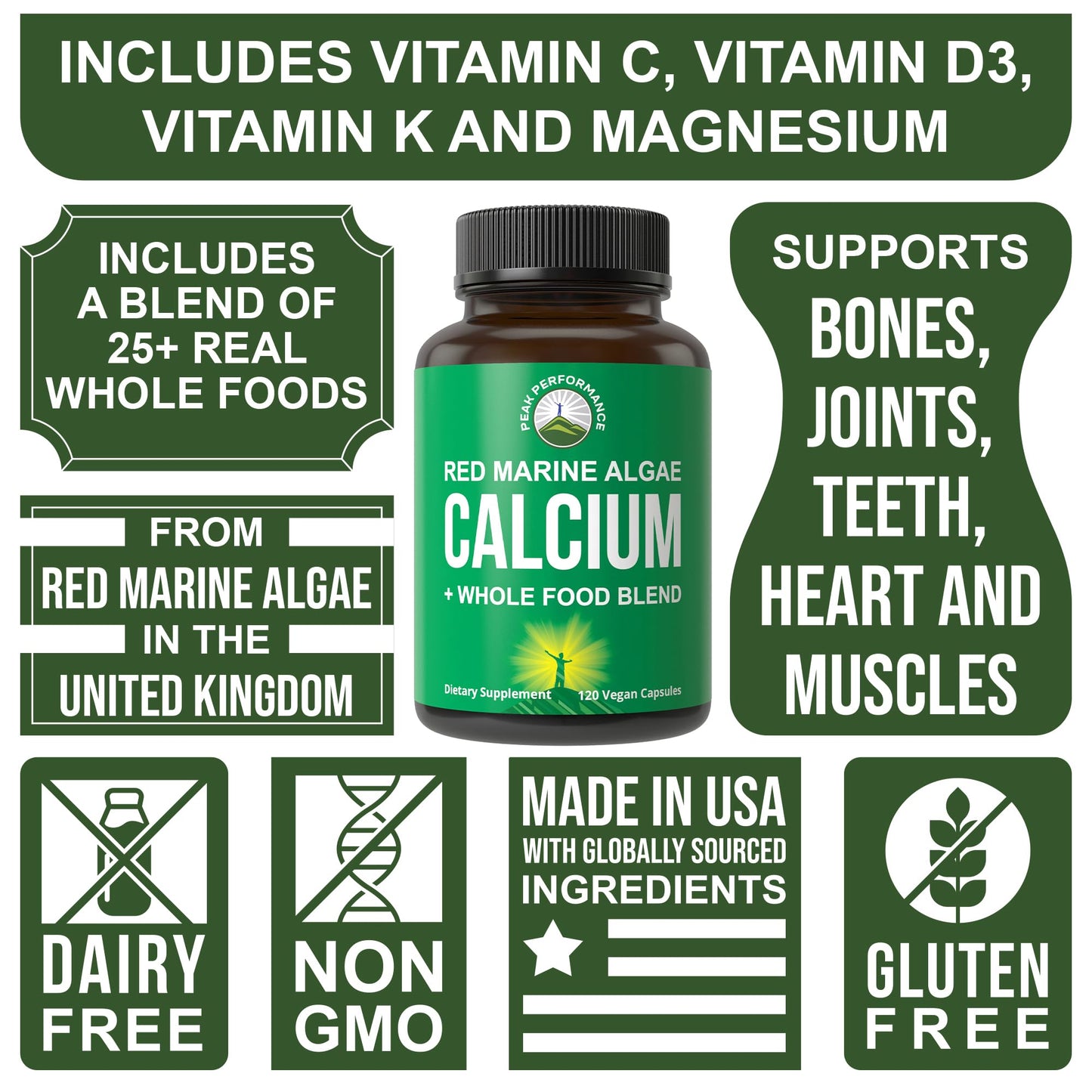 Plant Based Calcium - Red Marine Algae Calcium Supplement with Vitamin C, D3, K, Magnesium, and Whole Food Vegetable Blend. Vegan Capsules for Bones and Joints. 120 Pills, Tablets - Maple Wellness Supplements