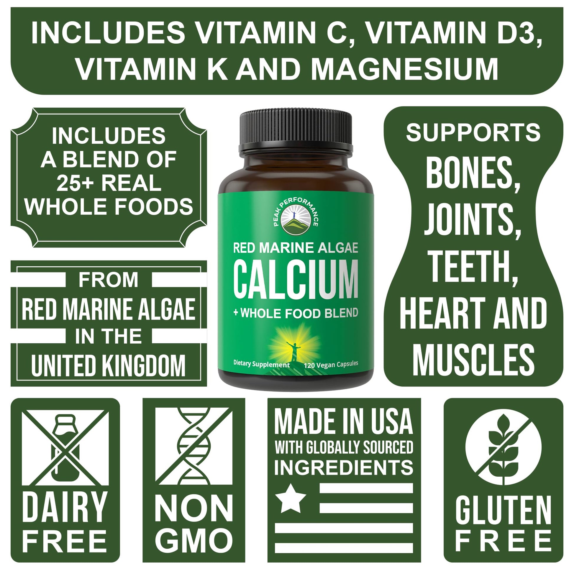 Plant Based Calcium - Red Marine Algae Calcium Supplement with Vitamin C, D3, K, Magnesium, and Whole Food Vegetable Blend. Vegan Capsules for Bones and Joints. 120 Pills, Tablets - Maple Wellness Supplements