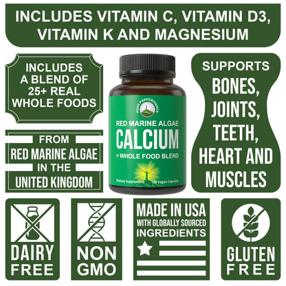 Plant Based Calcium - Red Marine Algae Calcium Supplement with Vitamin C, D3, K, Magnesium, and Whole Food Vegetable Blend. Vegan Capsules for Bones and Joints. 120 Pills, Tablets - Maple Wellness Supplements