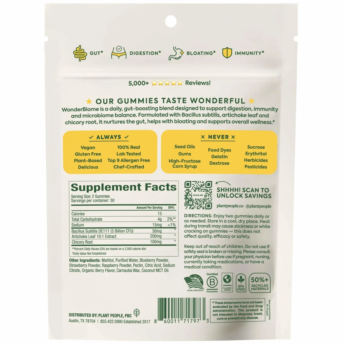 Plant People WonderBiome 2-in-1 Prebiotic + Probiotic Gummies – Zero-Sugar Vegan Digestive Health & Bloating Relief – 5 Billion CFU Bacillus Subtilis DE111 + Artichoke & Chicory – 60 Count - Maple Wellness Supplements