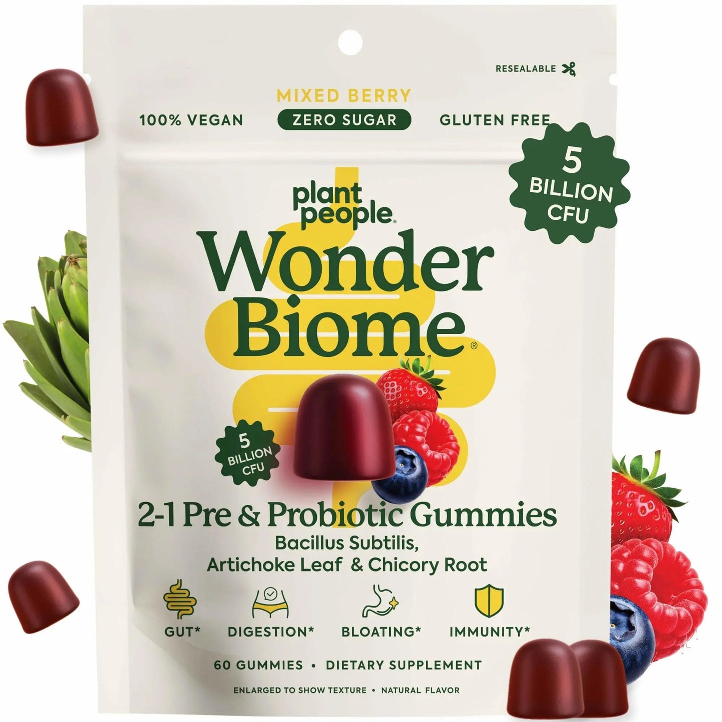 Plant People WonderBiome 2-in-1 Prebiotic + Probiotic Gummies – Zero-Sugar Vegan Digestive Health & Bloating Relief – 5 Billion CFU Bacillus Subtilis DE111 + Artichoke & Chicory – 60 Count - Maple Wellness Supplements