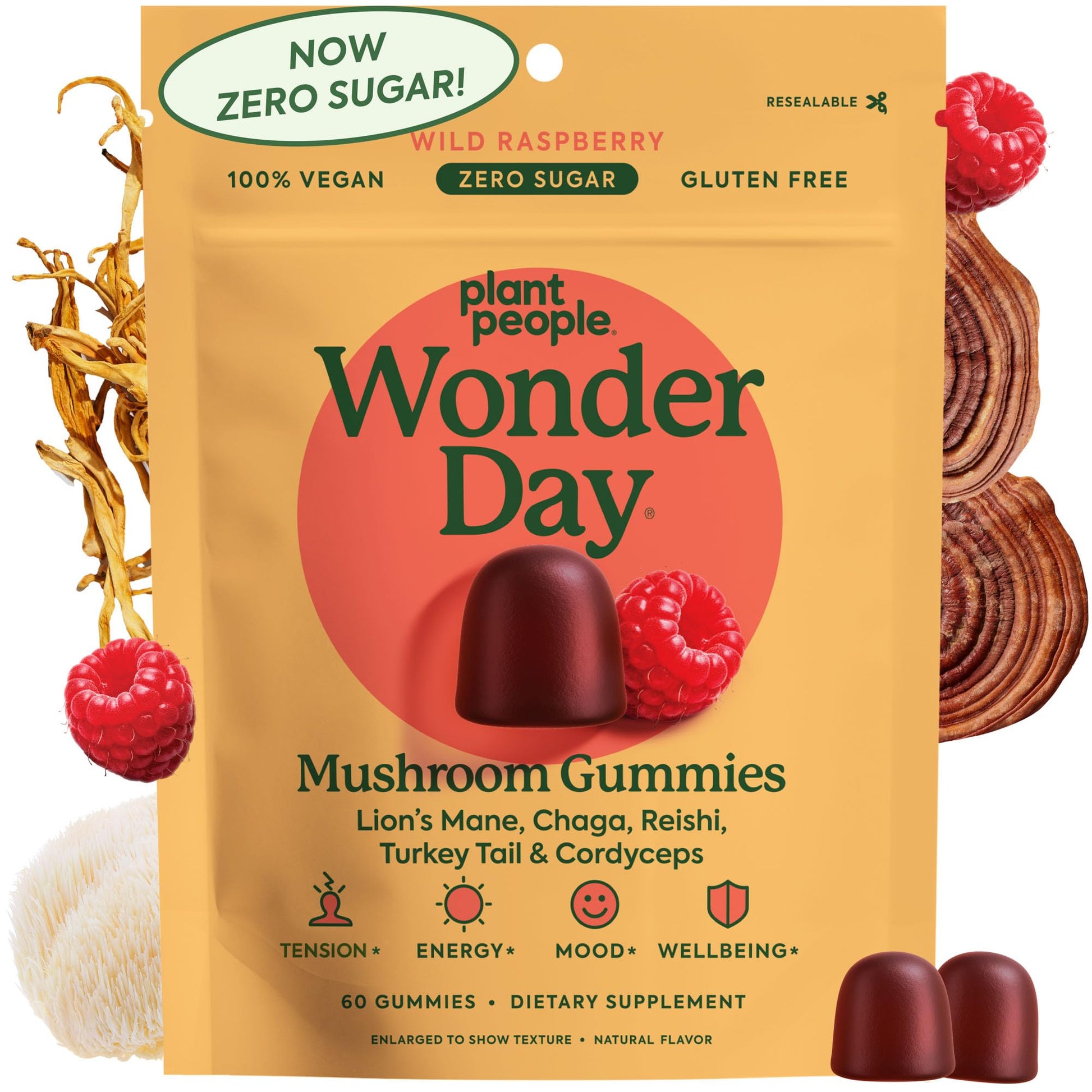 Plant People WonderDay Mushroom Gummies - Lion’s Mane, Cordyceps, Chaga Mushroom Supplement to Support Immune System De-Stress Boost Mood & Energy in Adults Natural - Maple Wellness Supplements