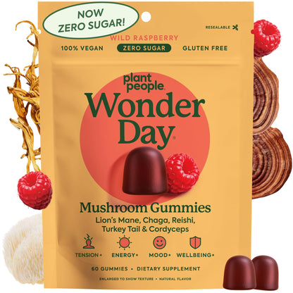 Plant People WonderDay Mushroom Gummies - Lion’s Mane, Cordyceps, Chaga Mushroom Supplement to Support Immune System De-Stress Boost Mood & Energy in Adults Natural - Maple Wellness Supplements
