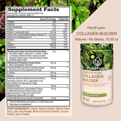 PlantFusion Vegan Collagen Powder - Plant Based Collagen Protein Powder For Muscle & Joints, Hair, Skin & Nails - Keto, Gluten Free, Soy Free, Non-Dairy, No Sugar, Non-GMO - Unflavored 10.58 oz - Maple Wellness Supplements