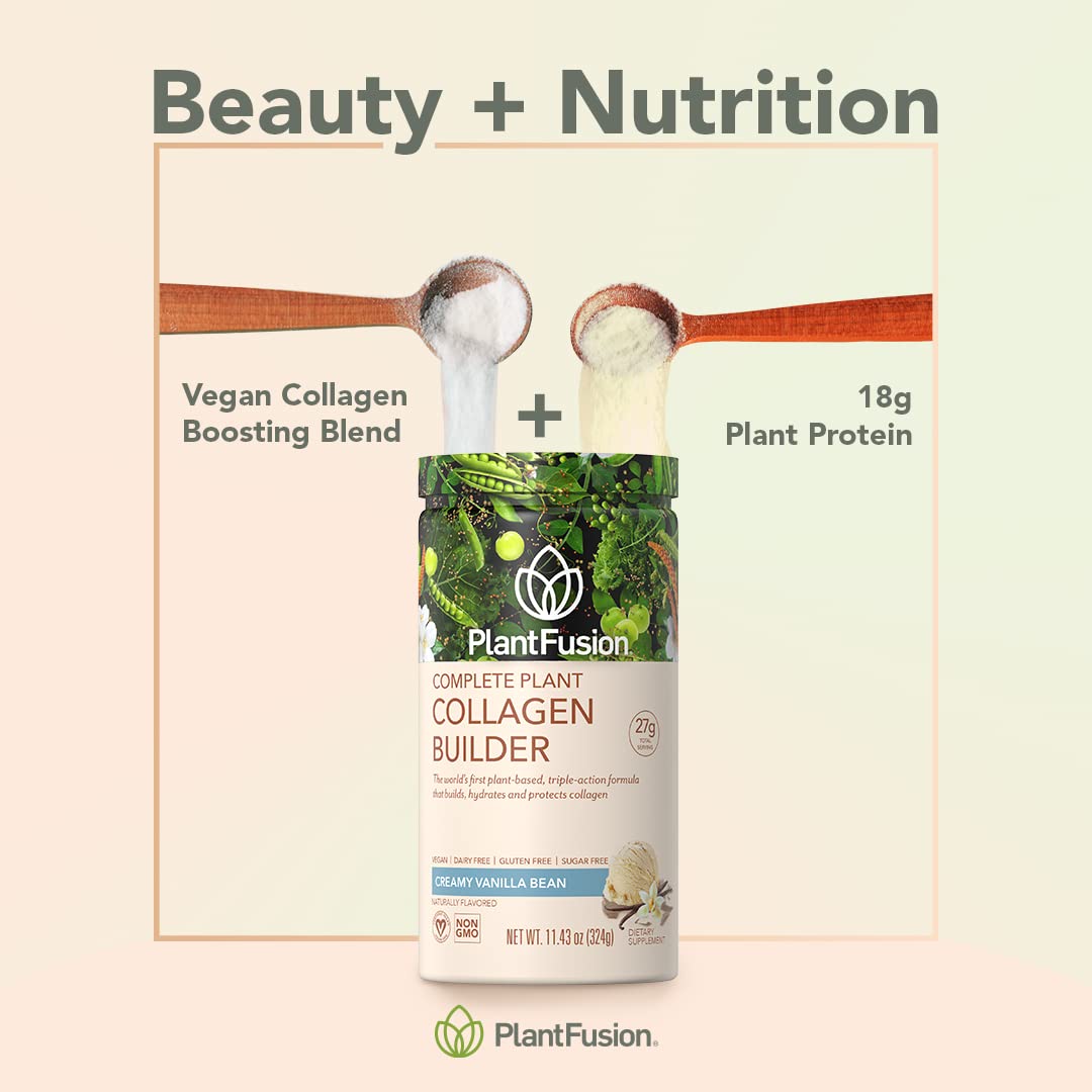 PlantFusion Vegan Collagen Powder - Plant Based Collagen Protein Powder For Muscle & Joints, Hair, Skin & Nails - Keto, Gluten Free, Soy Free, Non-Dairy, No Sugar, Non-GMO - Unflavored 10.58 oz - Maple Wellness Supplements