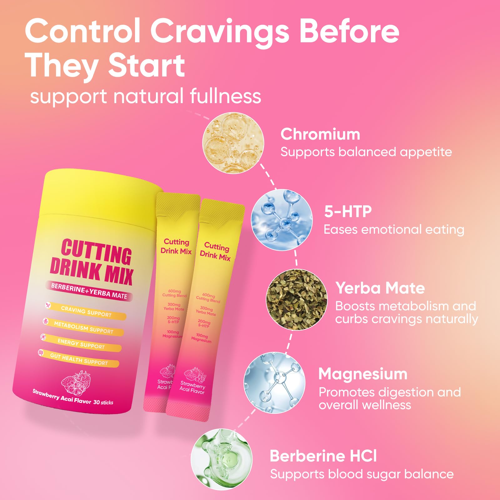 PlocoXe Cutting Drink Mix with Berberine, Chromium, 5-HTP, Yerba Mate & Magnesium - Dual-Action Craving & Gut Health | Strawberry Acai Flavor,Vegan, - Maple Wellness Supplements