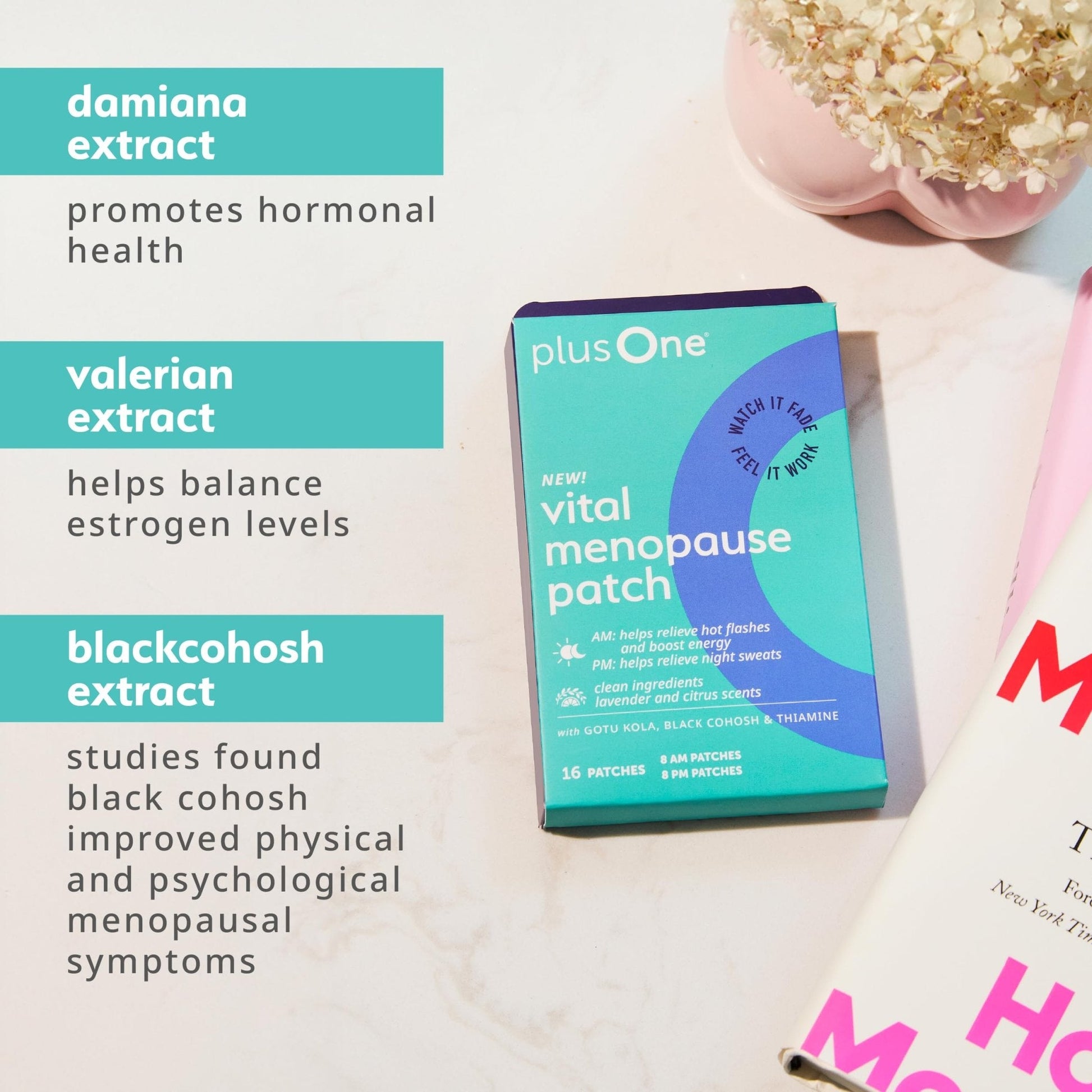 plusOne Vital Menopause Patches AM & PM – Hot Flash & Night Sweat Support – Promotes Energy & Sleep – Herbal Arjuna Daily Patches – 16ct - Maple Wellness Supplements