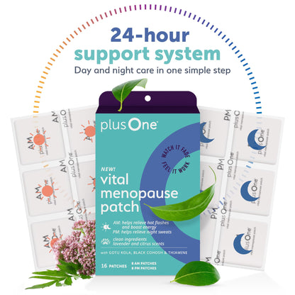 plusOne Vital Menopause Patches AM & PM – Hot Flash & Night Sweat Support – Promotes Energy & Sleep – Herbal Arjuna Daily Patches – 16ct - Maple Wellness Supplements