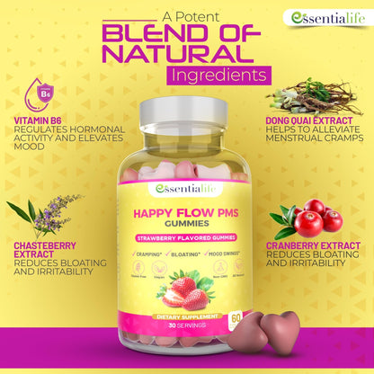 PMS Gummies - Happy Flow PMS Support Supplement for Women - Strawberry PMS Relief Supplement with Vitamin B6 for Hormone Balance, Period Support, Cramps, Hormonal Acne & Bloating Relief (60 Count) - Maple Wellness Supplements