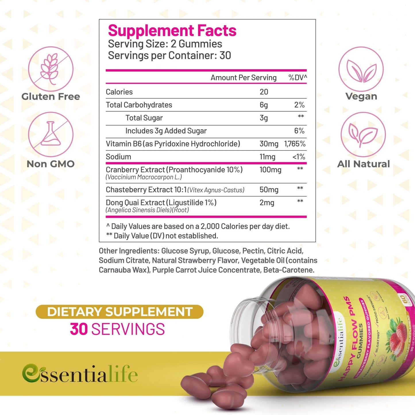 PMS Gummies - Happy Flow PMS Support Supplement for Women - Strawberry PMS Relief Supplement with Vitamin B6 for Hormone Balance, Period Support, Cramps, Hormonal Acne & Bloating Relief (60 Count) - Maple Wellness Supplements