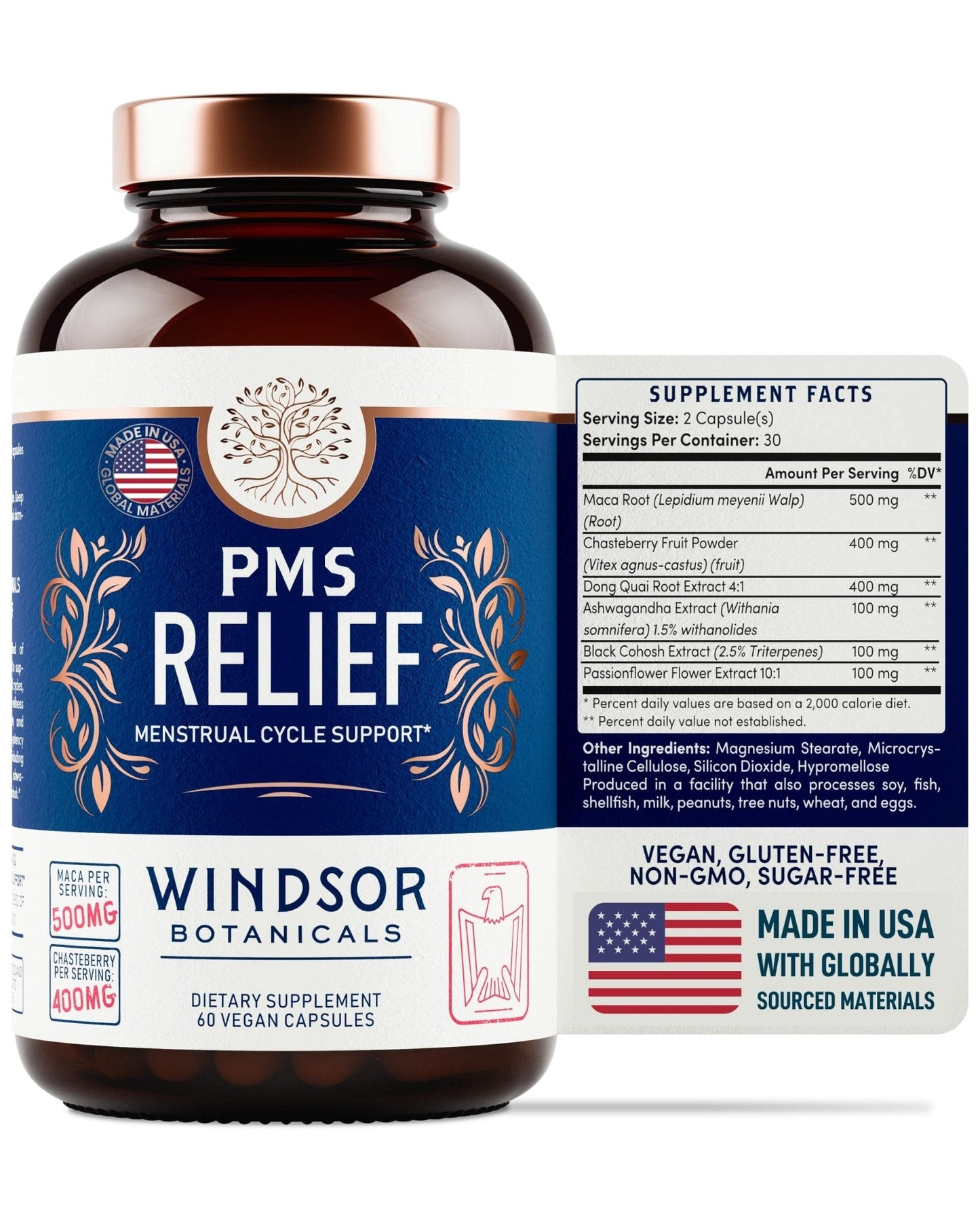 PMS Support Supplement for Women with Chasteberry, Maca Root, Ashwagandha - Period Relief, Bloating Relief for Women, Mood Support, Hormone Balance Herbal Supplements - 30 Day, 60 Vegan Capsules - Maple Wellness Supplements