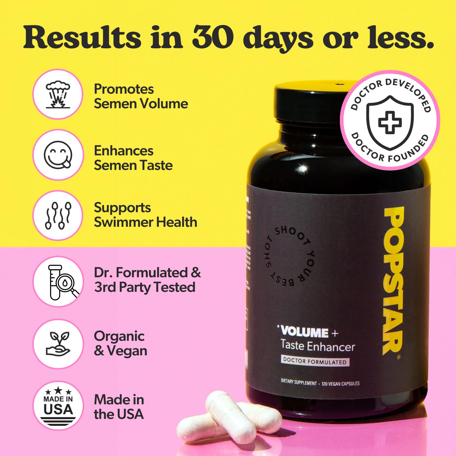 POPSTAR Labs Semen Volume Booster - Men's Semen Health & Fertility Supplement - Doctor Formulated to Increase Load Volume - Made in USA - Non-GMO, Organic - Maple Wellness Supplements