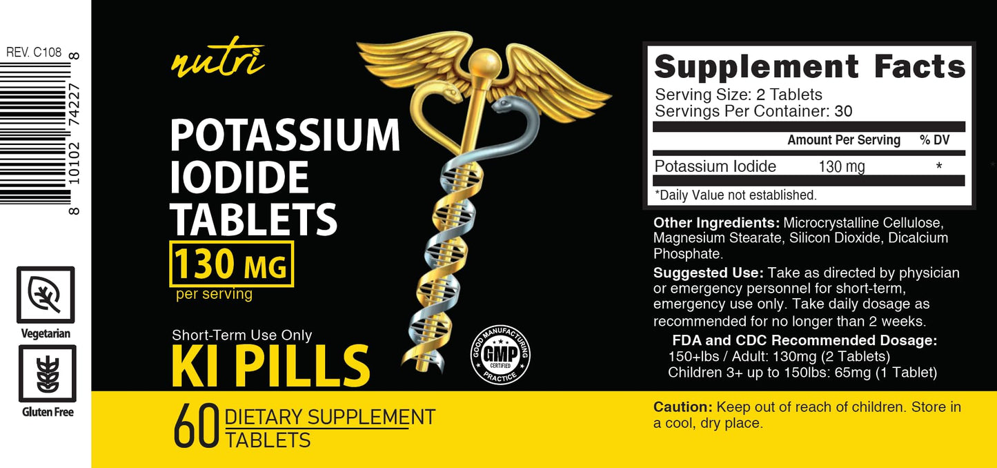 Potassium Iodide Tablets 130 mg - (60 Tablets) 10 Year Shelf-Life EXP 2034 to 2035 - Ki Pills - Yoduro de potasio - Nutri Supplements - 3rd Party Tested - Maple Wellness Supplements