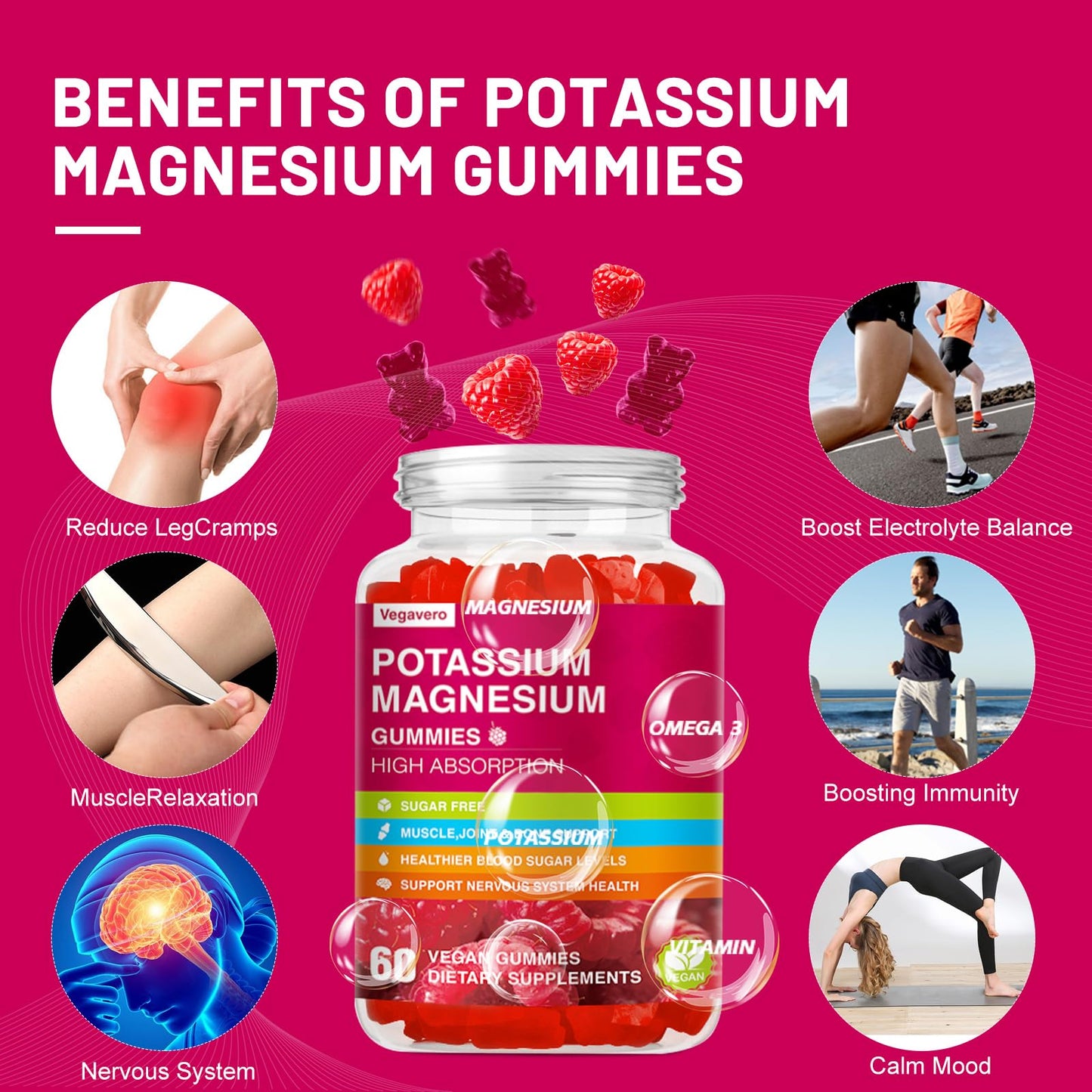 Potassium Magnesium Gummies - High Absorption Magnesium Glycinate & Potassium Citrate Plus Coenzyme Q10, DHA, D3, Mineral & Calcium for Zzz, Leg Cramps & Muscle - 60 Raspberry Gummies - Maple Wellness Supplements