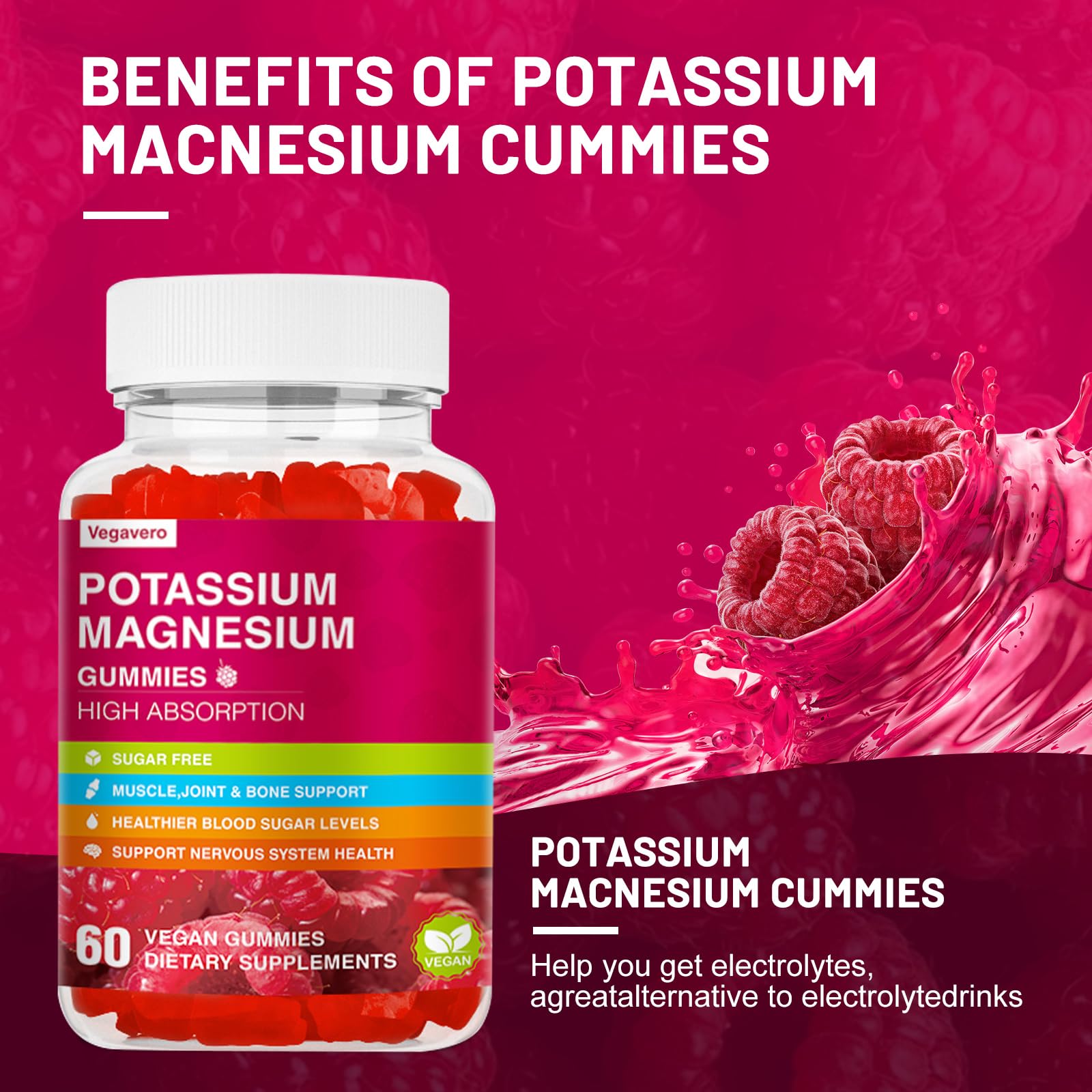 Potassium Magnesium Gummies - High Absorption Magnesium Glycinate & Potassium Citrate Plus Coenzyme Q10, DHA, D3, Mineral & Calcium for Zzz, Leg Cramps & Muscle - 60 Raspberry Gummies - Maple Wellness Supplements