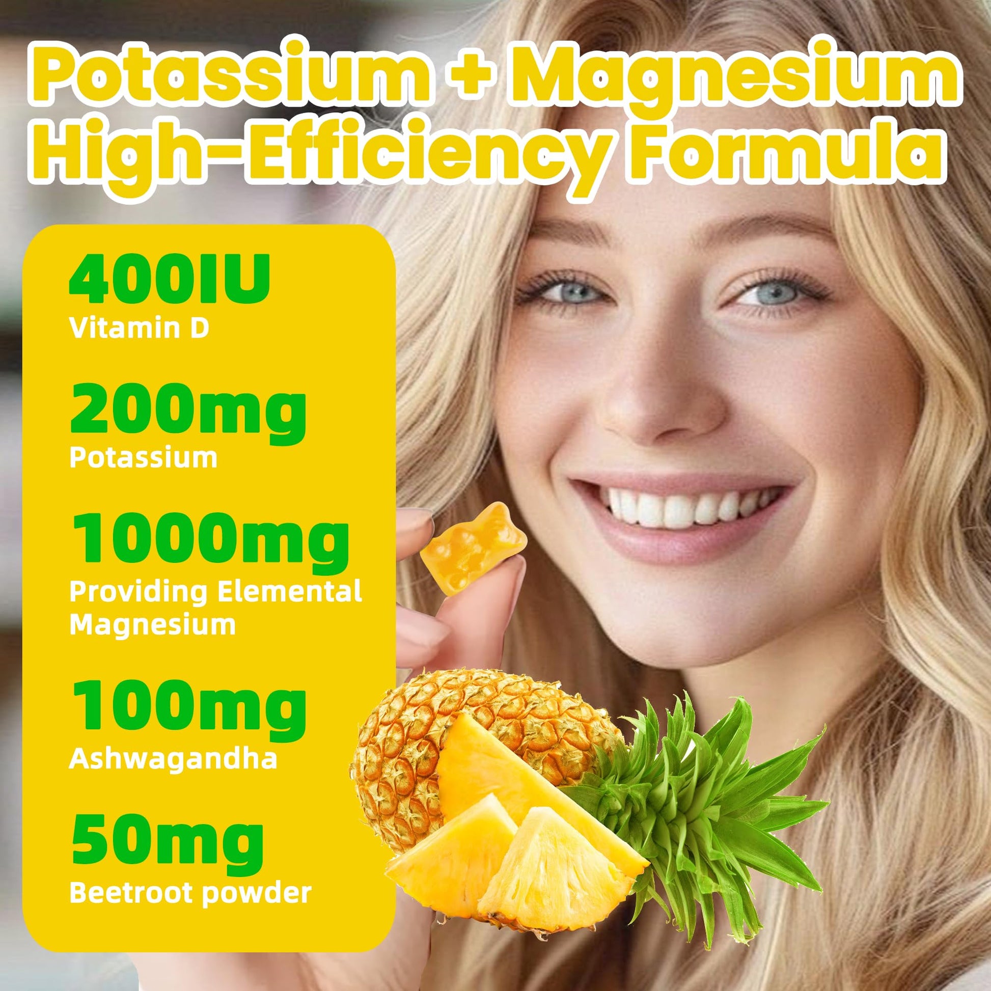 Potassium Magnesium Gummies,High Absorption Magnesium Glycinate,B6,D3,Potassium Citrate for Leg Cramps,Muscle,Electroyte for Adults Kids,Sugar-Free, 60 Gummies (Pineapple) - Maple Wellness Supplements