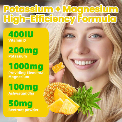 Potassium Magnesium Gummies,High Absorption Magnesium Glycinate,B6,D3,Potassium Citrate for Leg Cramps,Muscle,Electroyte for Adults Kids,Sugar-Free, 60 Gummies (Pineapple) - Maple Wellness Supplements