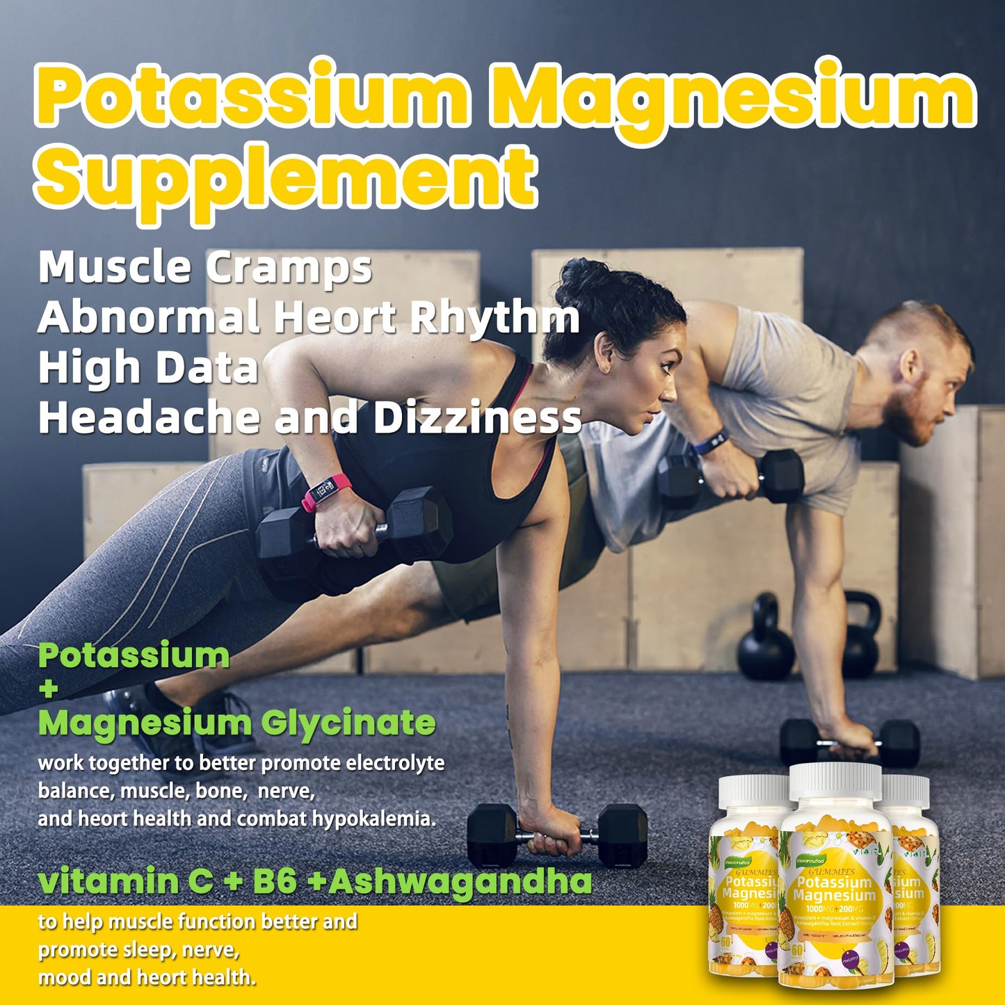 Potassium Magnesium Gummies,High Absorption Magnesium Glycinate,B6,D3,Potassium Citrate for Leg Cramps,Muscle,Electroyte for Adults Kids,Sugar-Free, 60 Gummies (Pineapple) - Maple Wellness Supplements