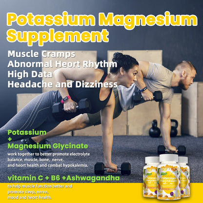 Potassium Magnesium Gummies,High Absorption Magnesium Glycinate,B6,D3,Potassium Citrate for Leg Cramps,Muscle,Electroyte for Adults Kids,Sugar-Free, 60 Gummies (Pineapple) - Maple Wellness Supplements