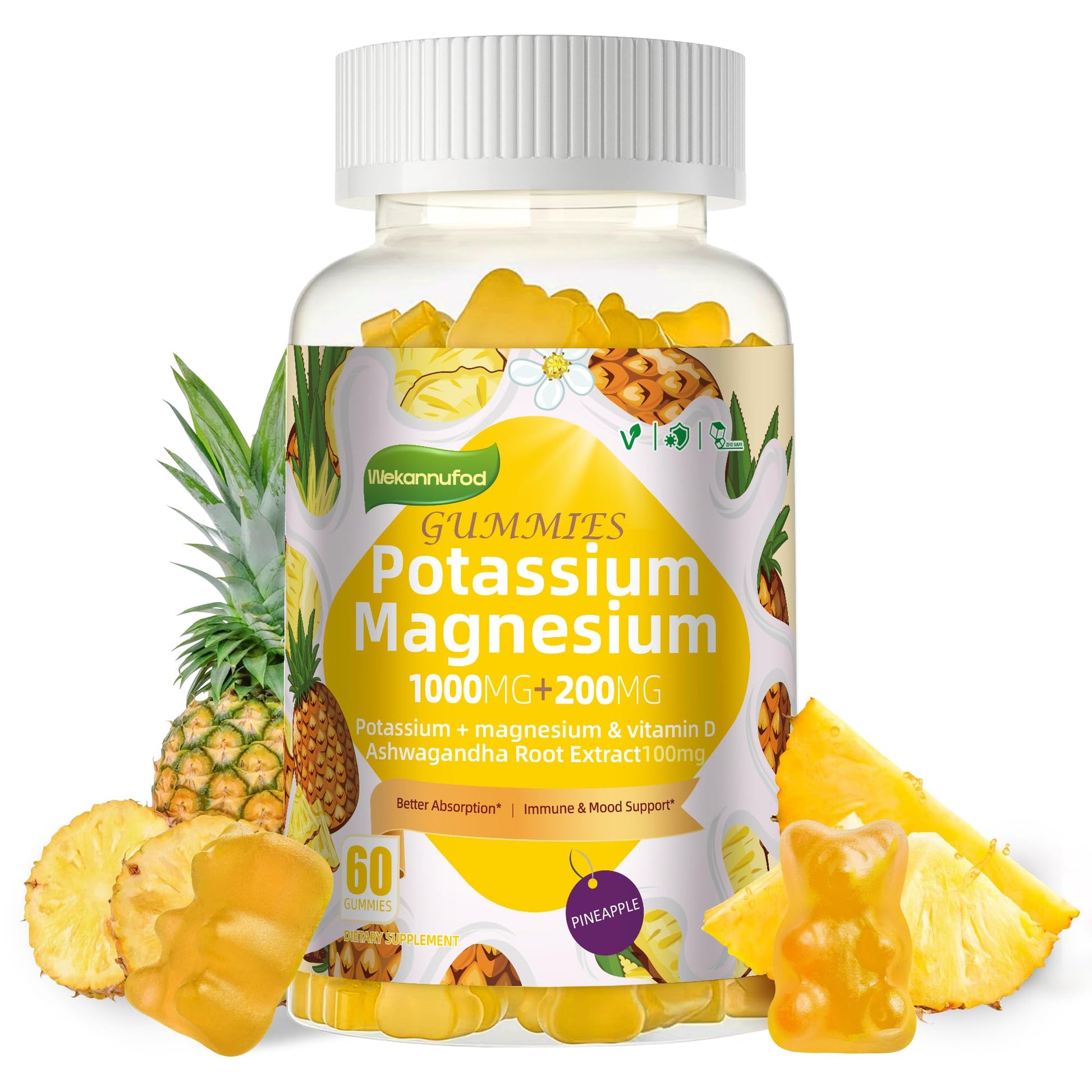 Potassium Magnesium Gummies,High Absorption Magnesium Glycinate,B6,D3,Potassium Citrate for Leg Cramps,Muscle,Electroyte for Adults Kids,Sugar-Free, 60 Gummies (Pineapple) - Maple Wellness Supplements