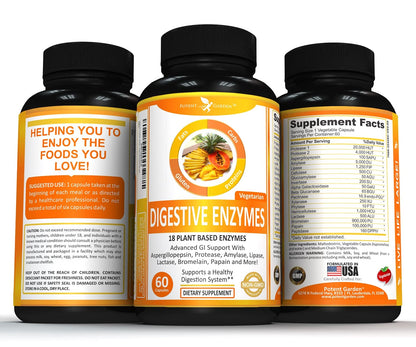 Potent Garden Digestive Enzymes -18 Plant Based Enzymes with amylase lipase bromelain Protease lactase & Other Enzymes - One Pre Meal Pill Supports Healthy - Maple Wellness Supplements