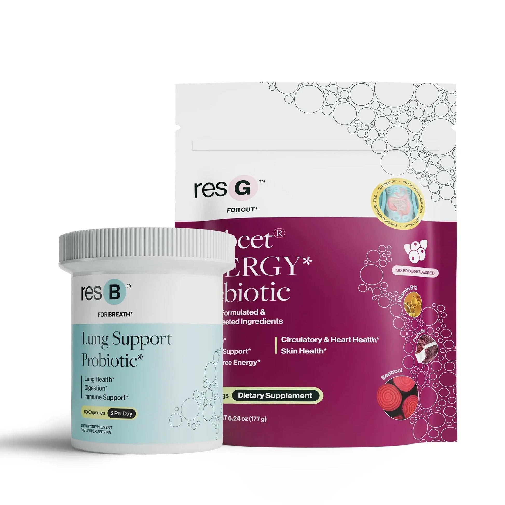 Power Gut Bundle - Lung Probiotic & GLP-1 Prebiotic, Clinically Trialed Respiratory Health Support & Metabolism Boost, Supplement Vitamins - resB (30 Servings) & prebeet (30 Servings) - Maple Wellness Supplements