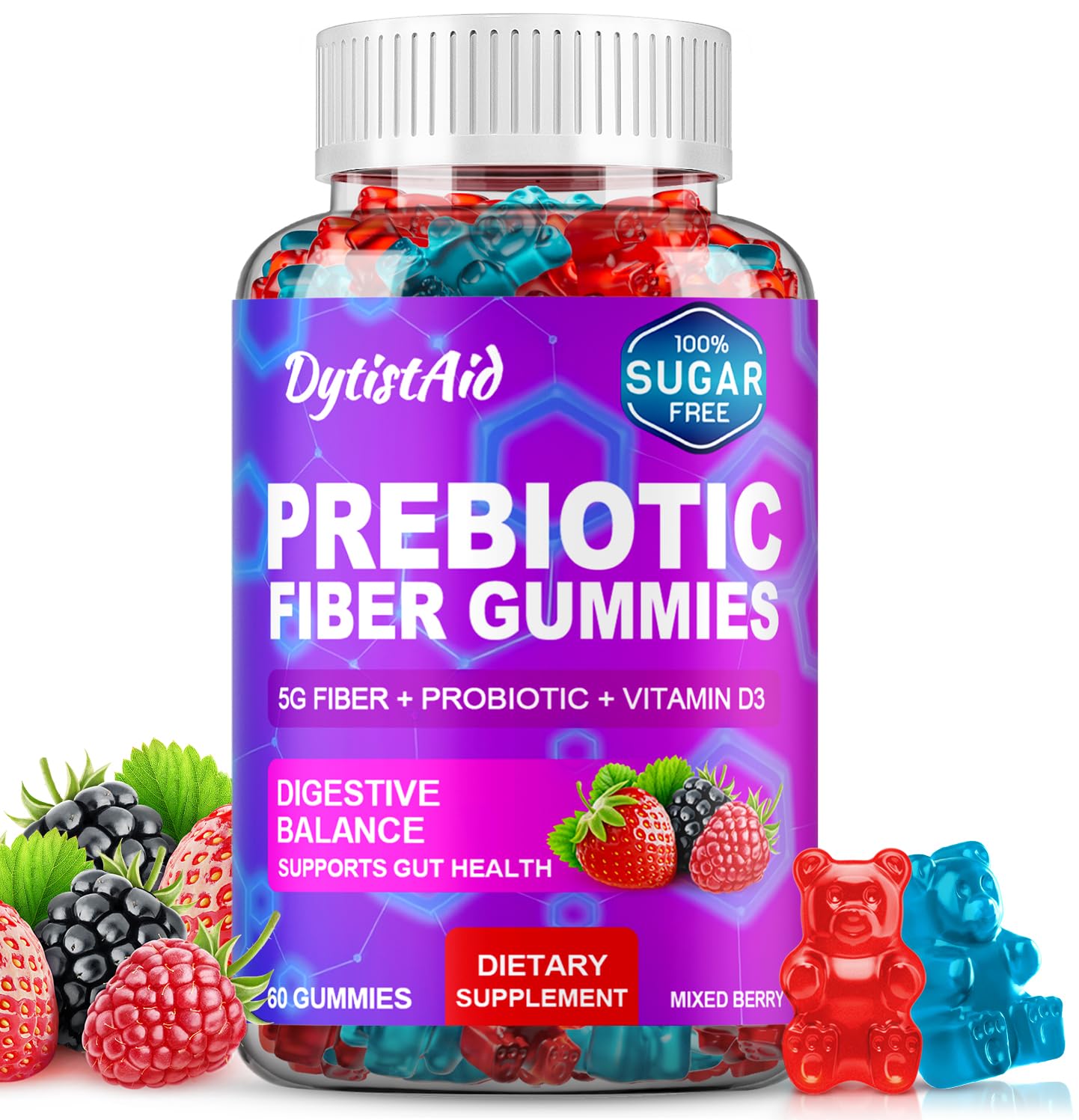 Prebiotic Fiber Gummies, 5g Fiber per Serving, 2 Billion CFU Bacillus Coagulans + Vitamin D3, Sugar Free Pectin Mixed Berry Gummies, Inulin (FOS) + Acacia - Maple Wellness Supplements