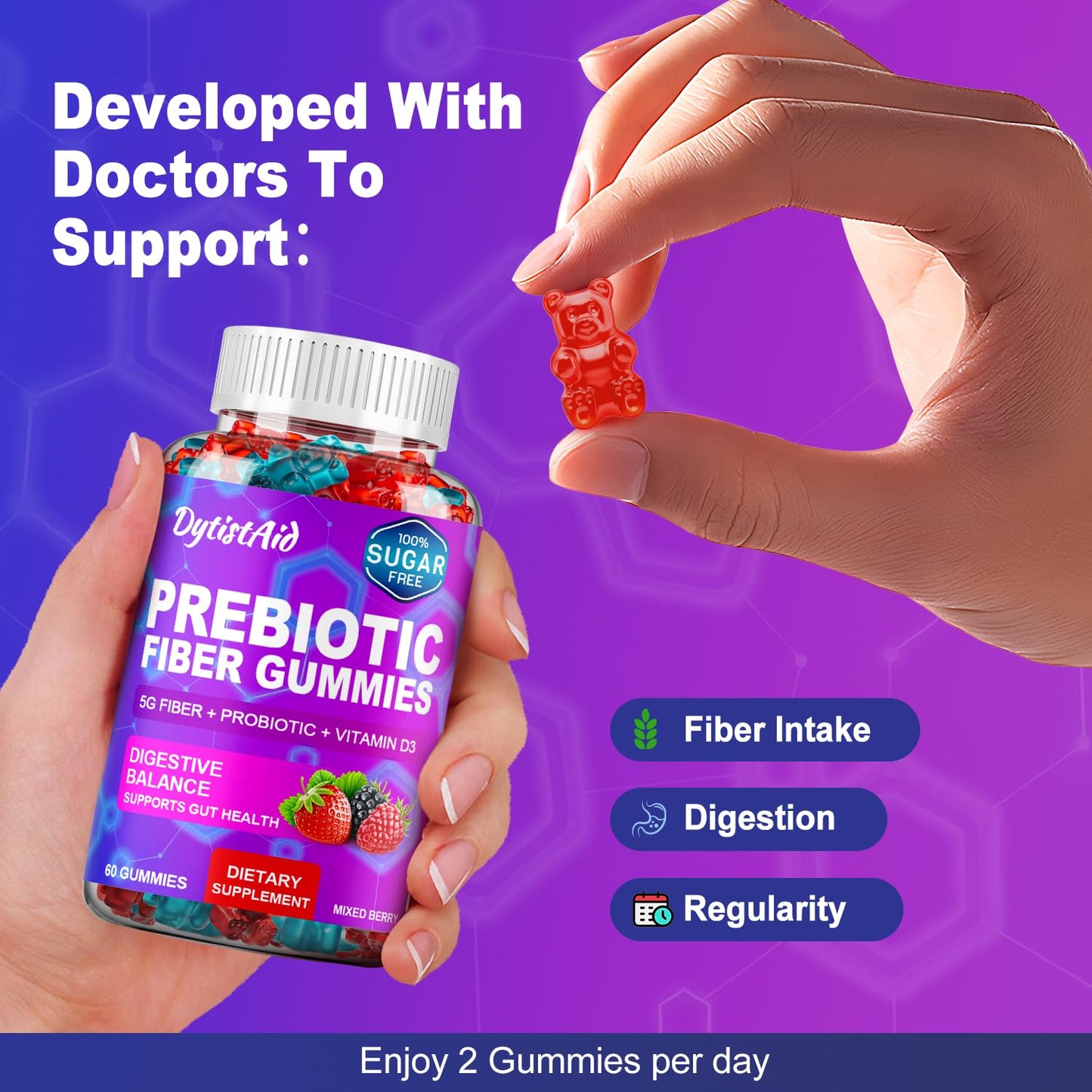Prebiotic Fiber Gummies, 5g Fiber per Serving, 2 Billion CFU Bacillus Coagulans + Vitamin D3, Sugar Free Pectin Mixed Berry Gummies, Inulin (FOS) + Acacia - Maple Wellness Supplements