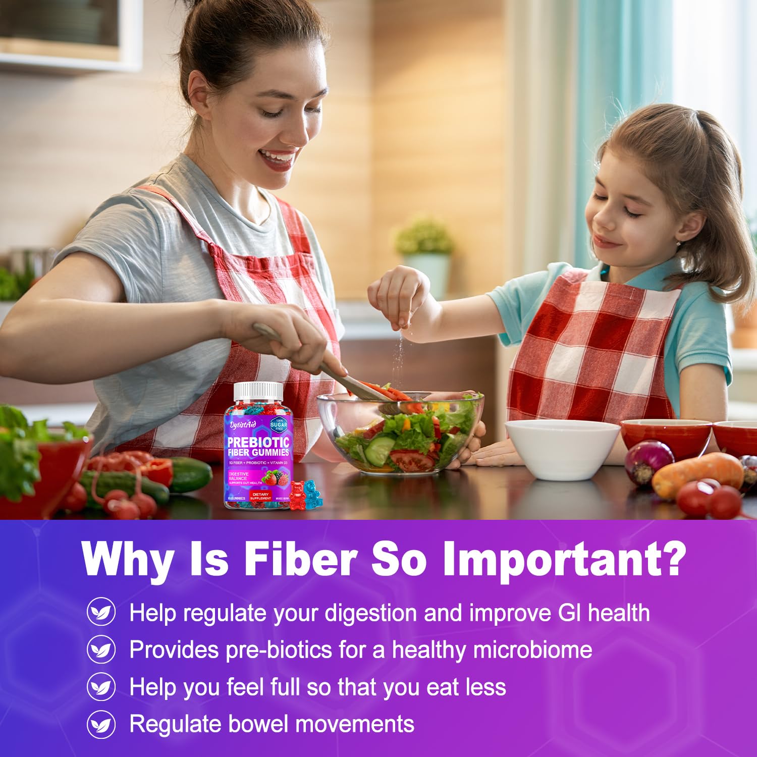Prebiotic Fiber Gummies, 5g Fiber per Serving, 2 Billion CFU Bacillus Coagulans + Vitamin D3, Sugar Free Pectin Mixed Berry Gummies, Inulin (FOS) + Acacia - Maple Wellness Supplements
