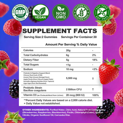 Prebiotic Fiber Gummies, 5g Fiber per Serving, 2 Billion CFU Bacillus Coagulans + Vitamin D3, Sugar Free Pectin Mixed Berry Gummies, Inulin (FOS) + Acacia - Maple Wellness Supplements