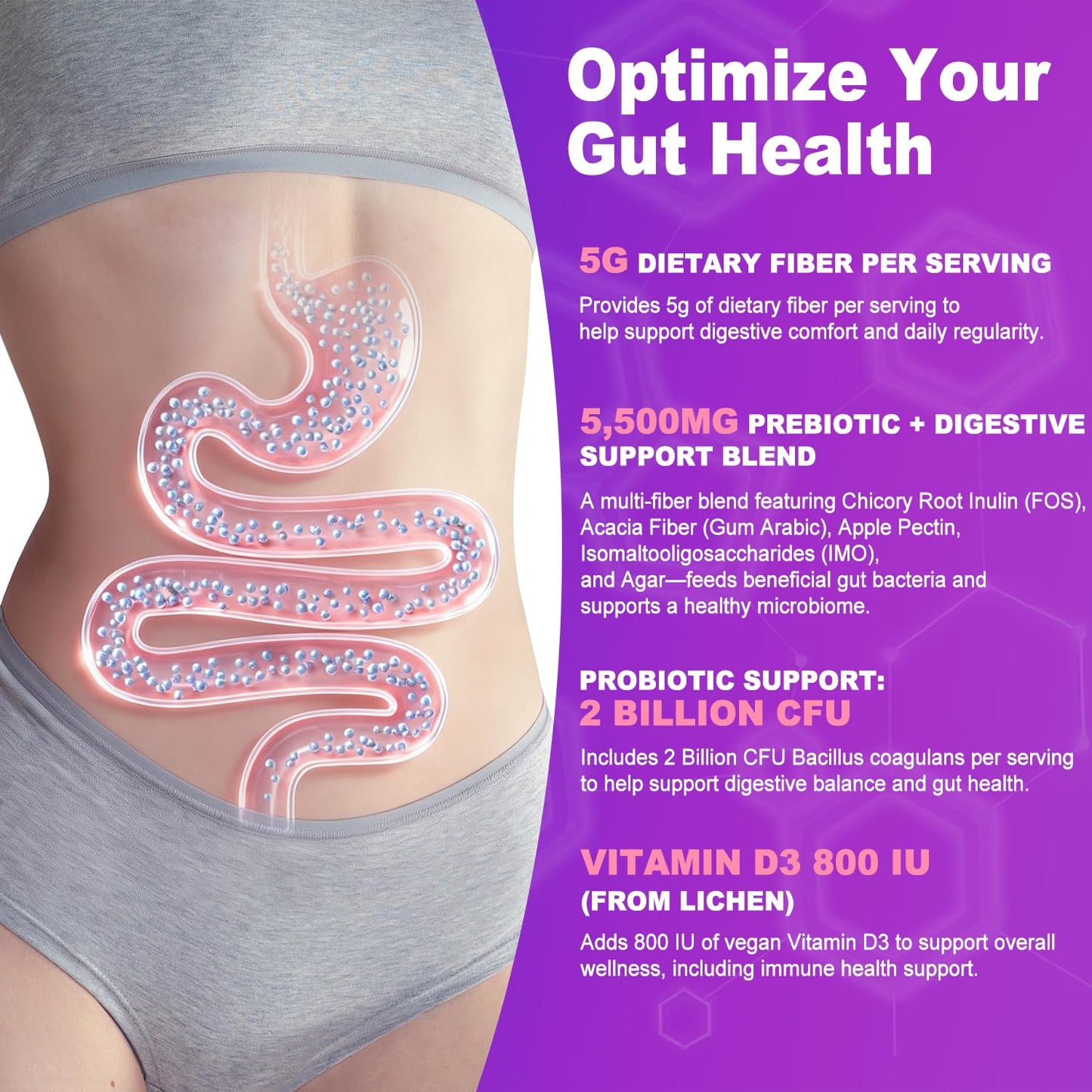 Prebiotic Fiber Gummies, 5g Fiber per Serving, 2 Billion CFU Bacillus Coagulans + Vitamin D3, Sugar Free Pectin Mixed Berry Gummies, Inulin (FOS) + Acacia - Maple Wellness Supplements