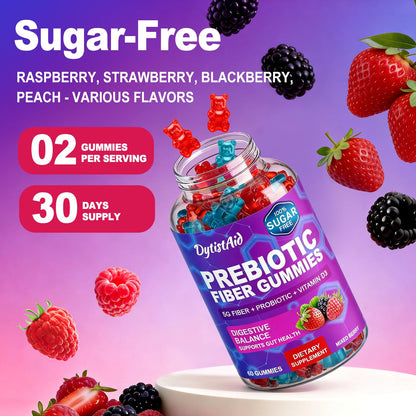 Prebiotic Fiber Gummies, 5g Fiber per Serving, 2 Billion CFU Bacillus Coagulans + Vitamin D3, Sugar Free Pectin Mixed Berry Gummies, Inulin (FOS) + Acacia - Maple Wellness Supplements