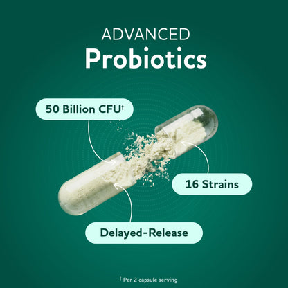 Prebiotics and Probiotics | 50 Billion CFU, 16 Probiotic Strains & Inulin Prebiotic Fiber | Delayed Release Capsules | Gut Health Support | Prebiotics and Probiotics for Women & Men | Non-GMO | 60 Ct - Maple Wellness Supplements