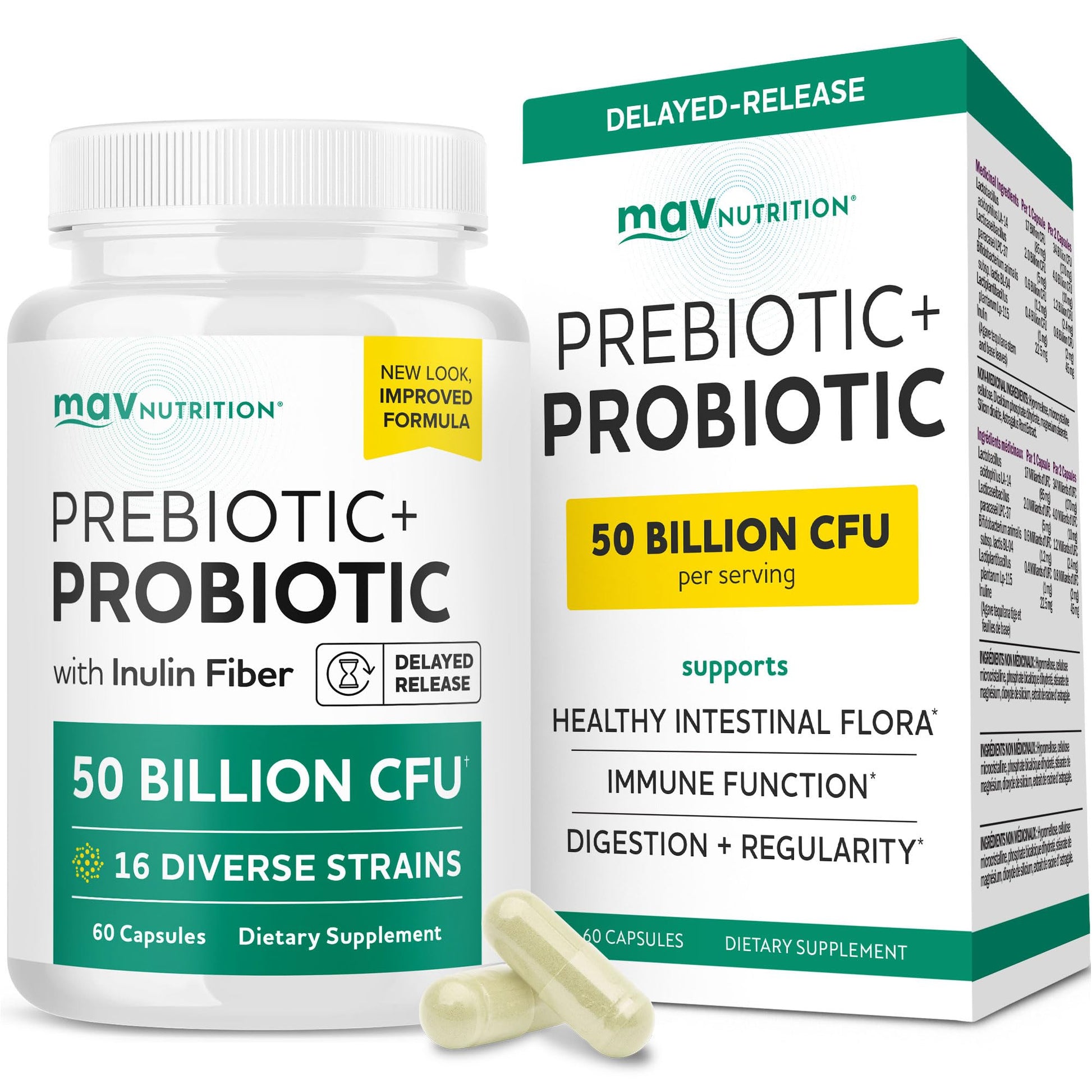 Prebiotics and Probiotics | 50 Billion CFU, 16 Probiotic Strains & Inulin Prebiotic Fiber | Delayed Release Capsules | Gut Health Support | Prebiotics and Probiotics for Women & Men | Non-GMO | 60 Ct - Maple Wellness Supplements
