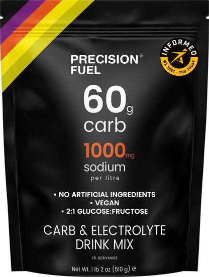Precision Fuel PF60 Carb & Electrolyte Drink Mix Powder for Hydration & Energy - Endurance Sports Nutrition, Vegan, Hypotonic - 60g Carb, 1000mg Sodium per Litre - Mild Citrus Flavor, 1-Pack - Maple Wellness Supplements