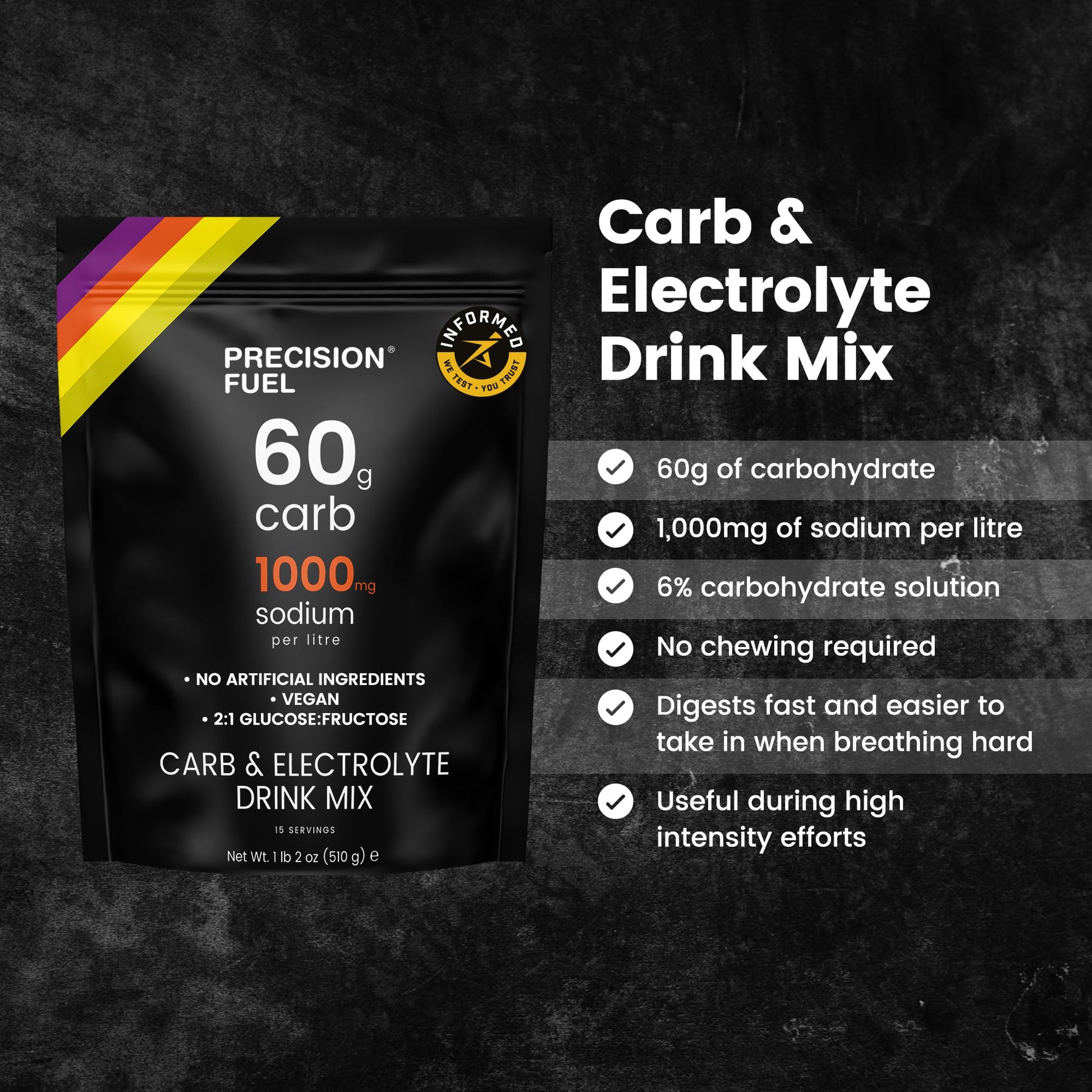Precision Fuel PF60 Carb & Electrolyte Drink Mix Powder for Hydration & Energy - Endurance Sports Nutrition, Vegan, Hypotonic - 60g Carb, 1000mg Sodium per Litre - Mild Citrus Flavor, 1-Pack - Maple Wellness Supplements