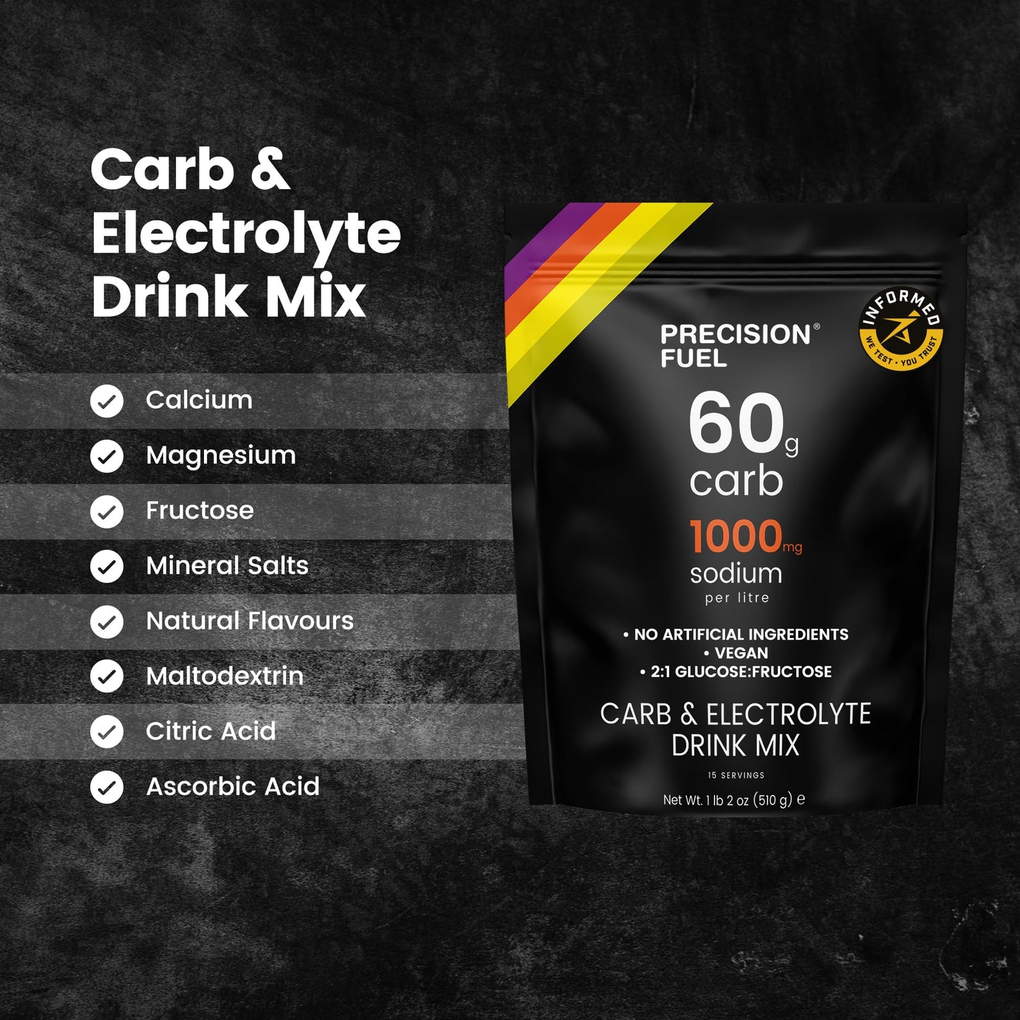Precision Fuel PF60 Carb & Electrolyte Drink Mix Powder for Hydration & Energy - Endurance Sports Nutrition, Vegan, Hypotonic - 60g Carb, 1000mg Sodium per Litre - Mild Citrus Flavor, 1-Pack - Maple Wellness Supplements