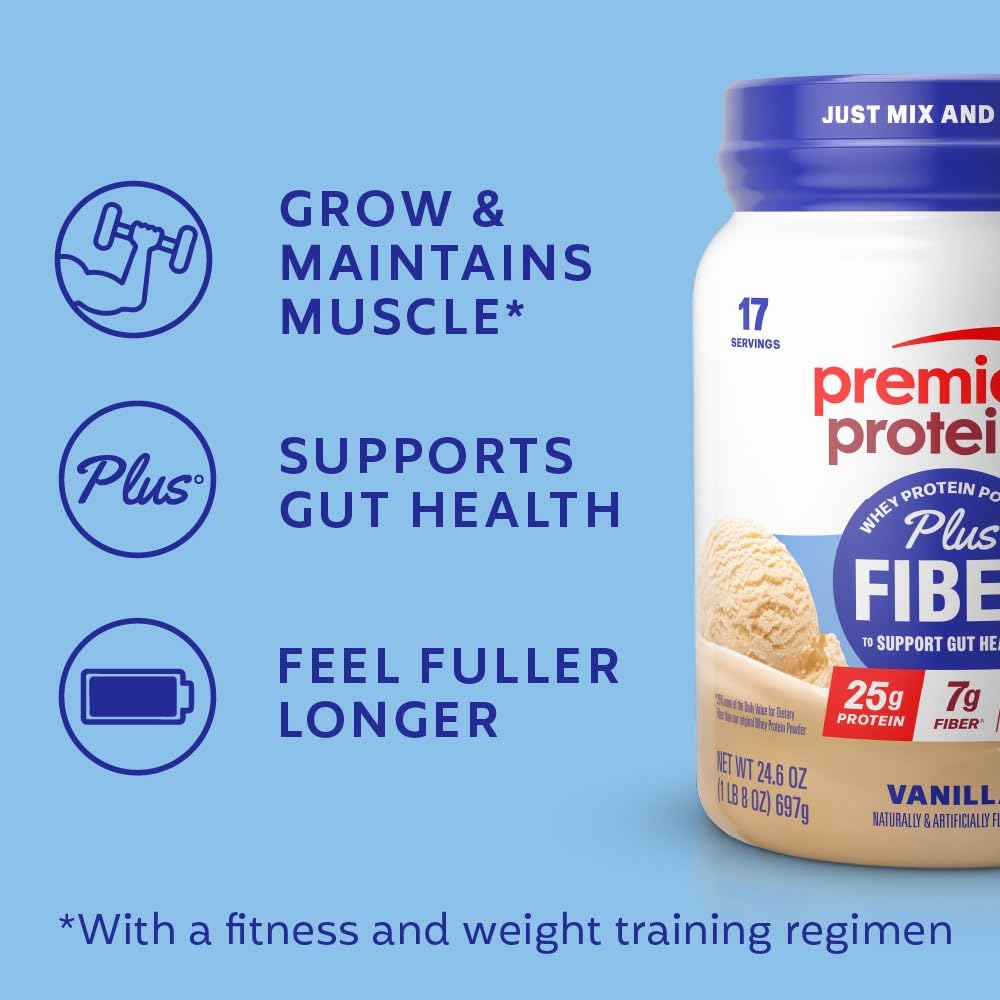 Premier Protein Powder Plus Fiber, Vanilla, 25g Protein, 7g Fiber to Support Gut Health, No Added Sugar (17 Servings) - Maple Wellness Supplements