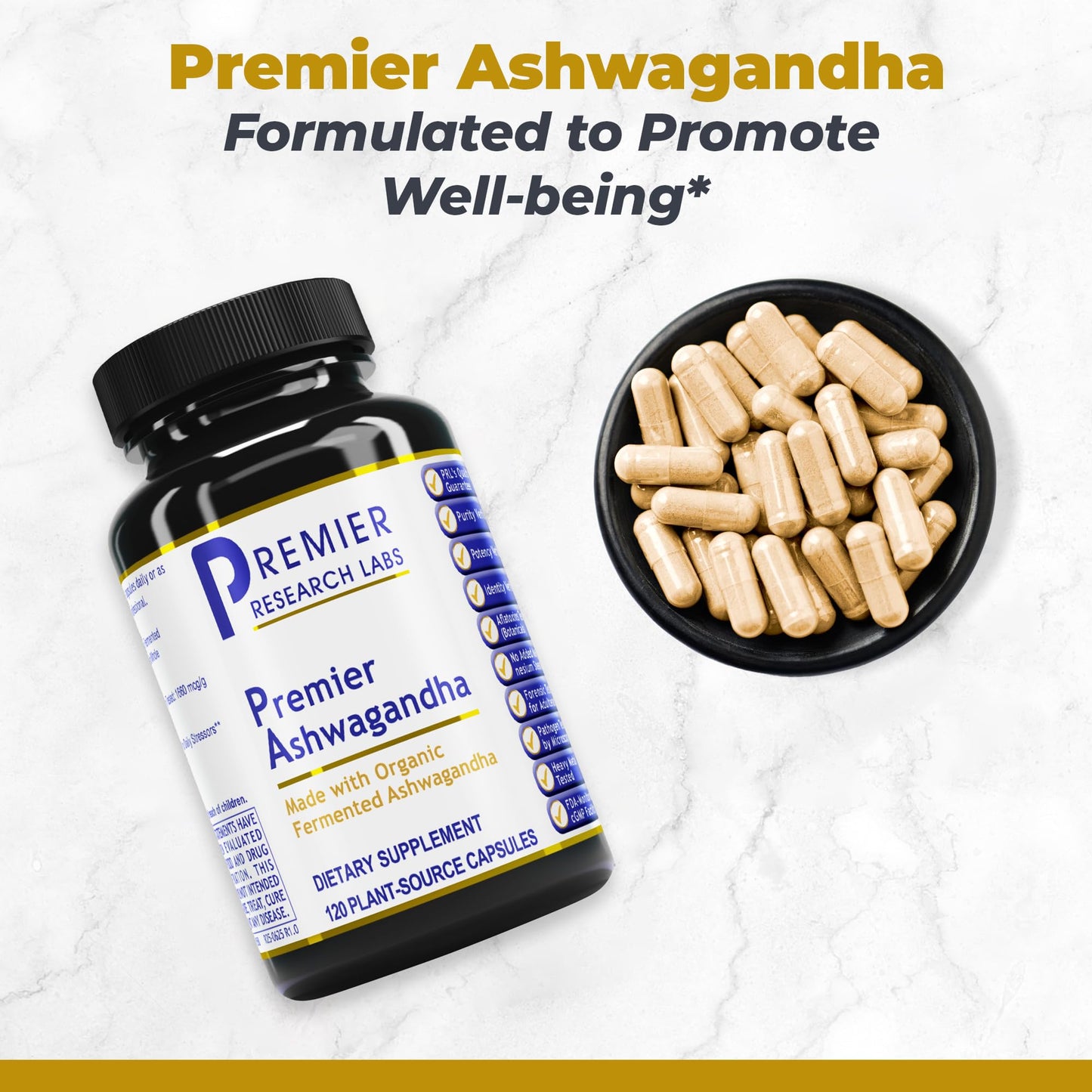 Premier Research Labs Premier Ashwagandha - Pure Supplement for Women & Men with Organic Ashwagandha Root, Herbal Pills for Stress & Sleep Support, Fermented for Absorption - 120 Plant-Based Capsules - Maple Wellness Supplements