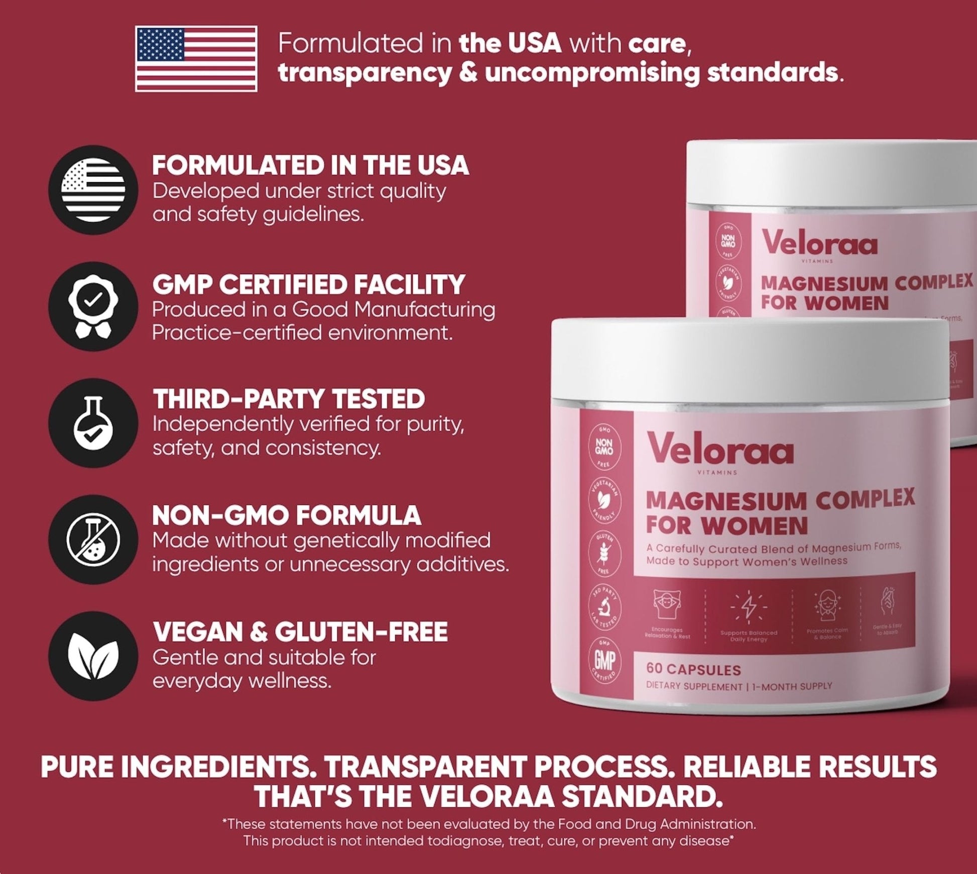 Premium Magnesium Complex for Women 60 Capsules | Complete 3-in-1 with Magnesium Glycinate Citrate & Malate Supports Calm, Digestion, Energy Vegan & Non-GMO Supplement | Veloraa - Maple Wellness Supplements