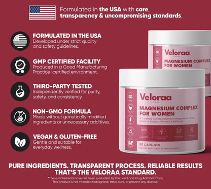 Premium Magnesium Complex for Women 60 Capsules | Complete 3-in-1 with Magnesium Glycinate Citrate & Malate Supports Calm, Digestion, Energy Vegan & Non-GMO Supplement | Veloraa - Maple Wellness Supplements
