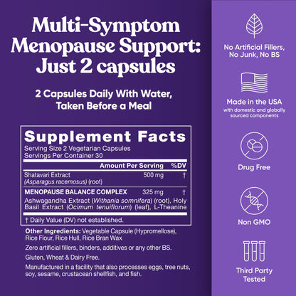 Premium Menopause Supplement for Women – Menopause Balance with Shatavari, Ashwagandha, L-Theanine & Holy Basil – Holistic Multi-Symptom Menopause Support & Hot Flash Relief – 60 Vegetarian Capsules - Maple Wellness Supplements